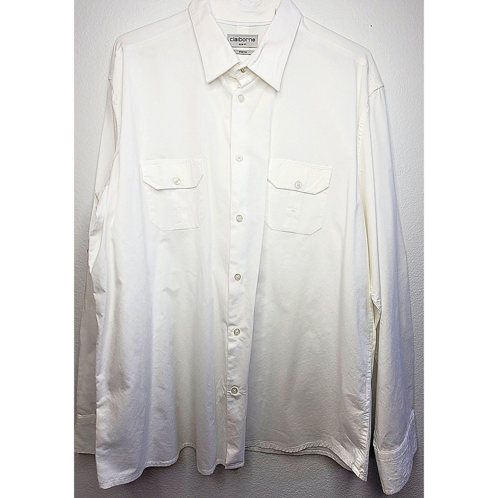 Claiborne Slim Fit Stretch Men's Button Up Dress Shirt XXL 100% Cotton White